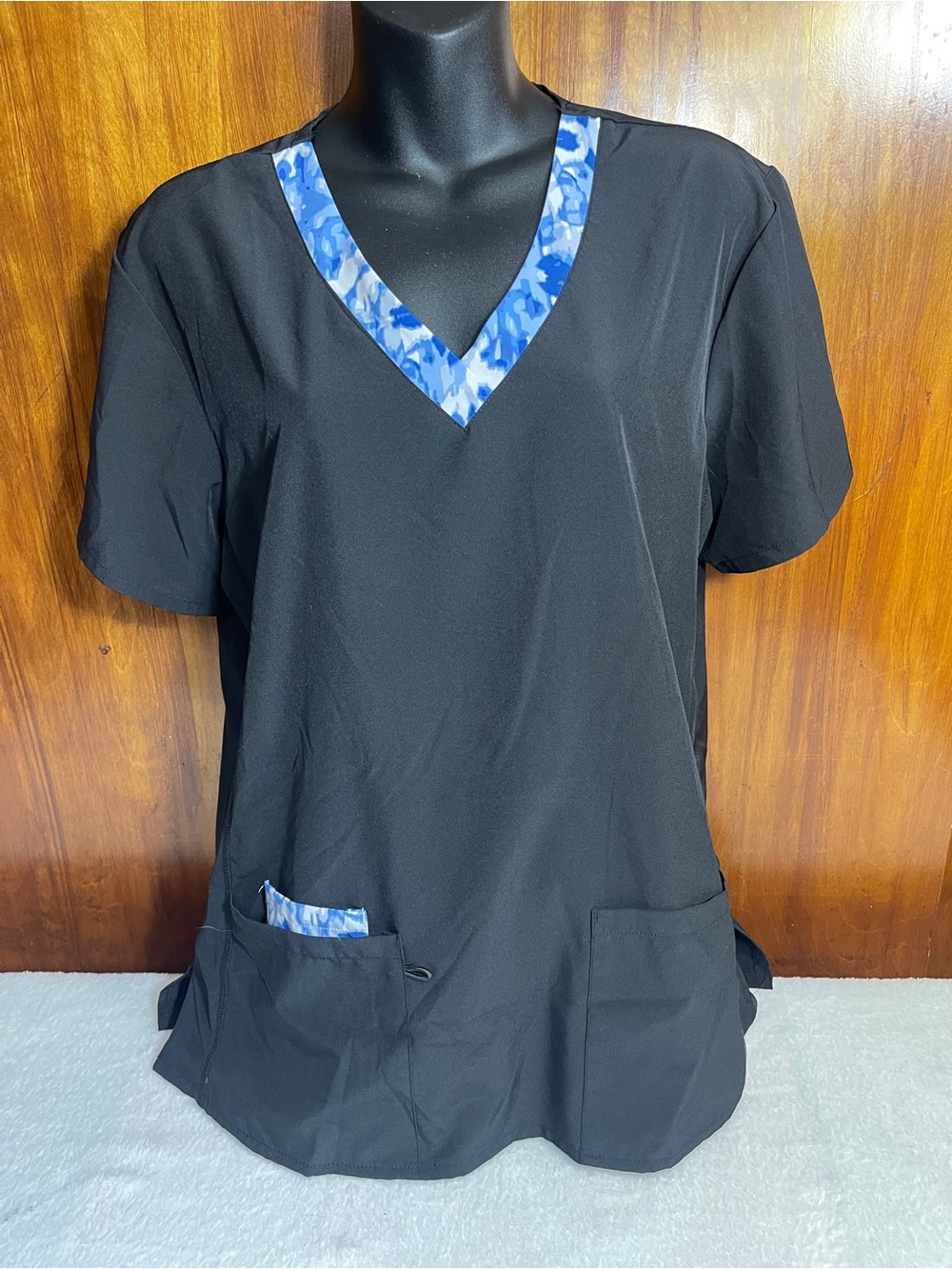 Women's Black V-Neck Scrub Top with Blue Camouflage Trim